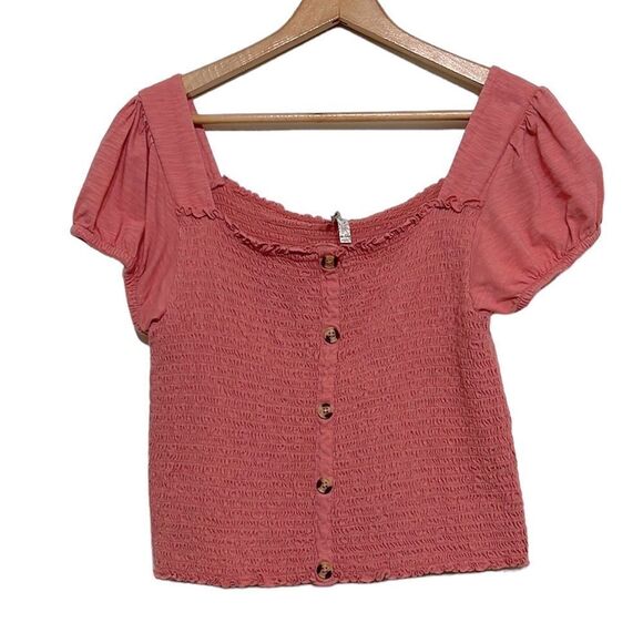 MUDD Crop Top Junior's Size XL Peach Faux Buttons Stretch Short Sleeve Summer - Picture 1 of 9